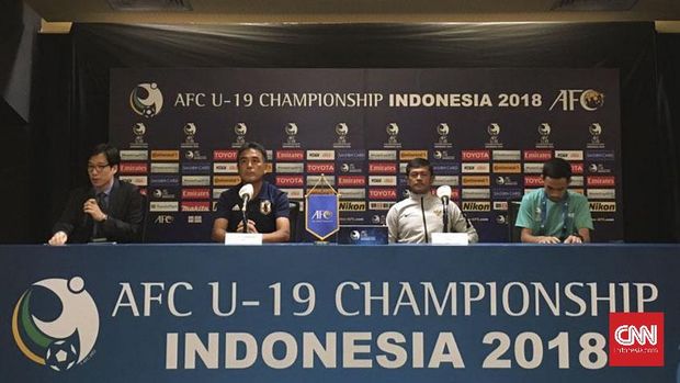 Sesi konferensi pers jelang laga perempat final Piala Asia U-19 2018 antara Timnas Indonesia dan timnas Jepang.