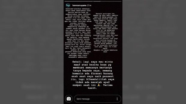 Unggahan klarifikasi Hansamu Yama terkait unggahan gambar sayap Lion Air.