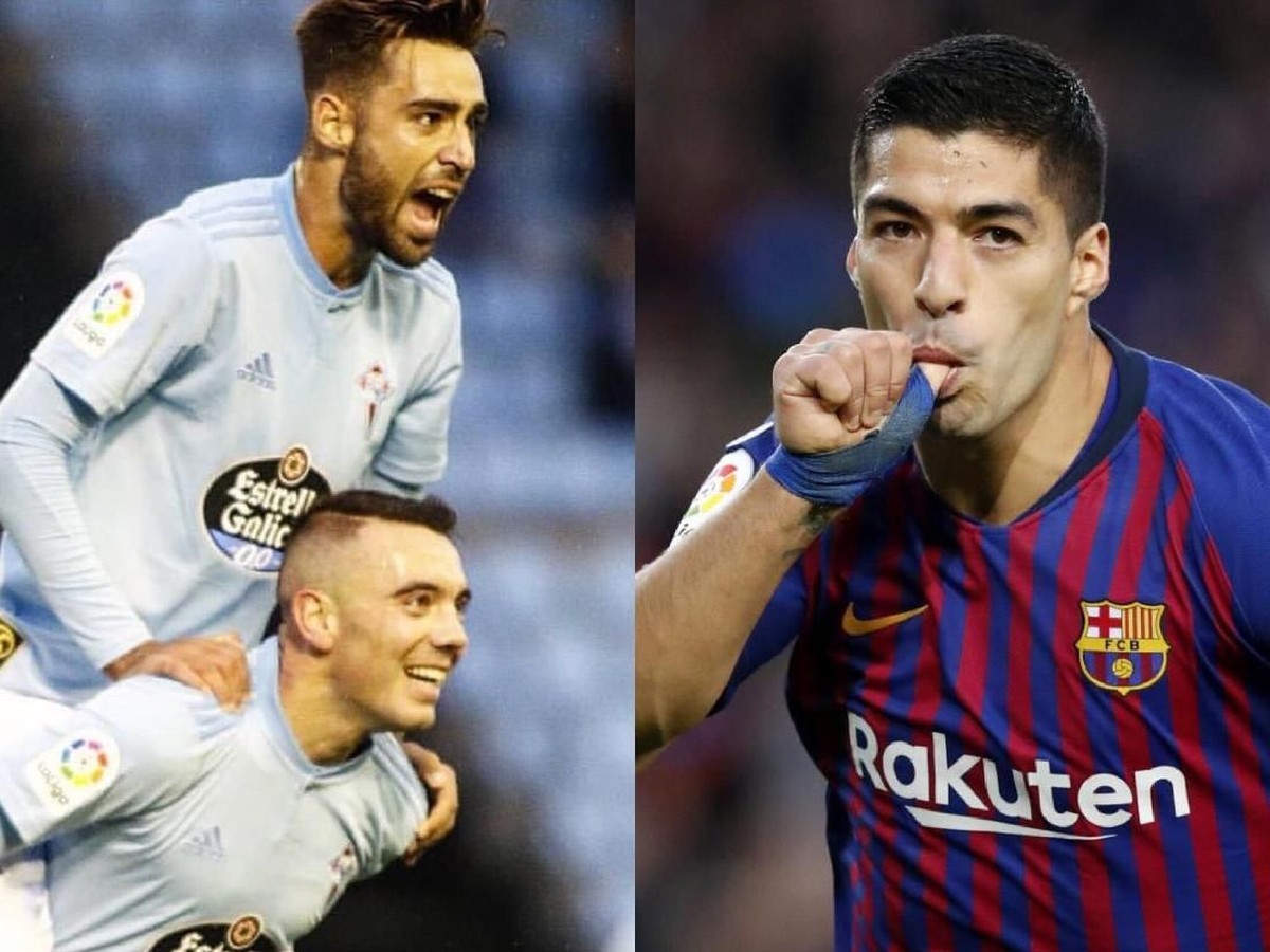 Iago Aspas (bawah) dan Luis Suarez sama-sama bikin hat-trick usai lahiran anaknya (Twitter)