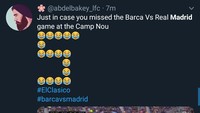 Real Madrid kalah 1-5 saat bertandang ke Stadion Camp Nou, Minggu (28/10/2018). Netizen langsung membuat logo 5 dengan emoji tertawa di Twitter. (Foto: Twitter @abdelhakey_lfc)