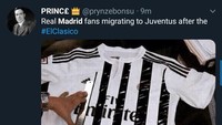 Ada pula ejekan untuk fans Madrid yang disebut bakal beralih menjadi pendukung Juventus saja, yang seragamnya belang-belang, lantaran ada Ronaldo di sana. (Foto: Twitter @prynzebonsu)