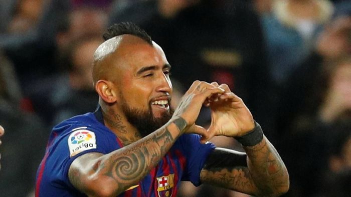 Soccer Football - La Liga Santander - FC Barcelona v Real Madrid - Camp Nou, Barcelona, Spain - October 28, 2018  Barcelonas Arturo Vidal celebrates scoring their fifth goal   REUTERS/Paul Hanna