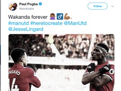 Paul Pogba juga ikut merasakan demam Black Panther. Saat merayakan gol bersama Manchester United dia memberikan salam Wakanda. (Twitter)