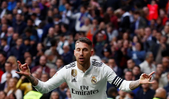 Soccer Football - La Liga Santander - Real Madrid v Real Valladolid - Santiago Bernabeu, Madrid, Spain - November 3, 2018  Real Madrids Sergio Ramos celebrates scoring their second goal from the penalty spot   REUTERS/Juan Medina