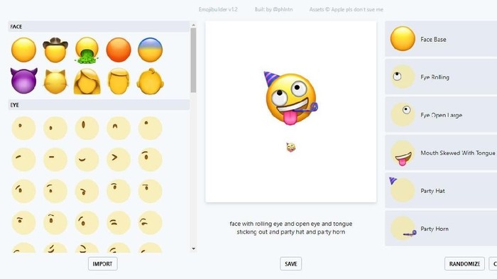 Tampilan dari Emoji Builder, platform yang memungkinkan pengunjungnya menciptakan emoji sendiri. Foto: Emoji Builder