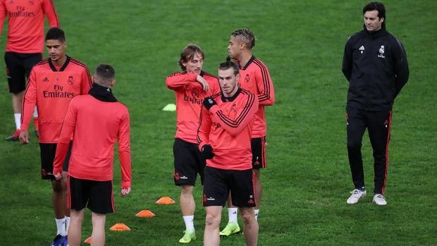 Real Madrid berlatih jelang menghadapi AS Roma di Stadion Olimpico.