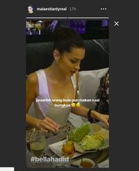 Maia Estianty pamer foto Bella Hadid makan nasi bungkus.
