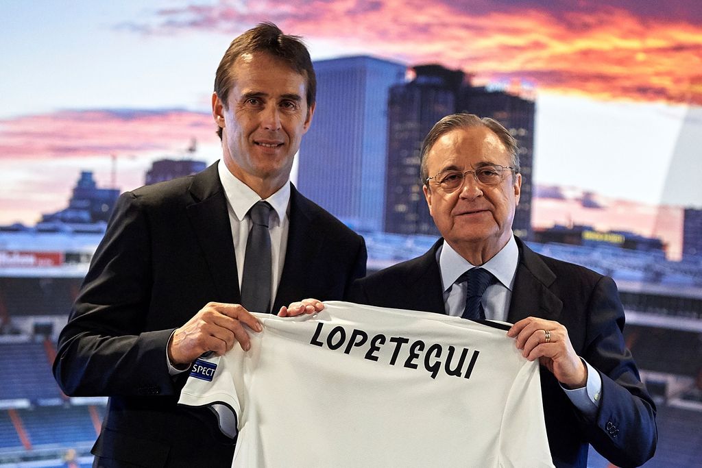 MADRID, SPAIN - JUNE 14:  Julen Lopetegui the new head coach of Real Madrid (L) poses with Florentino Perez, President of Real Madrid at Santiago Bernabeu Stadium on June 14, 2018 in Madrid, Spain. (Photo by Quality Sport Images/Getty Images)