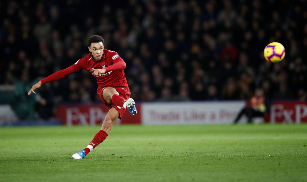 Soccer Football - Premier League - Watford v Liverpool - Vicarage Road, Watford, Britain - November 24, 2018  Liverpool's Trent Alexander-Arnold scores their second goal from a free kick                 Action Images via Reuters/Carl Recine  EDITORIAL USE ONLY. No use with unauthorized audio, video, data, fixture lists, club/league logos or 