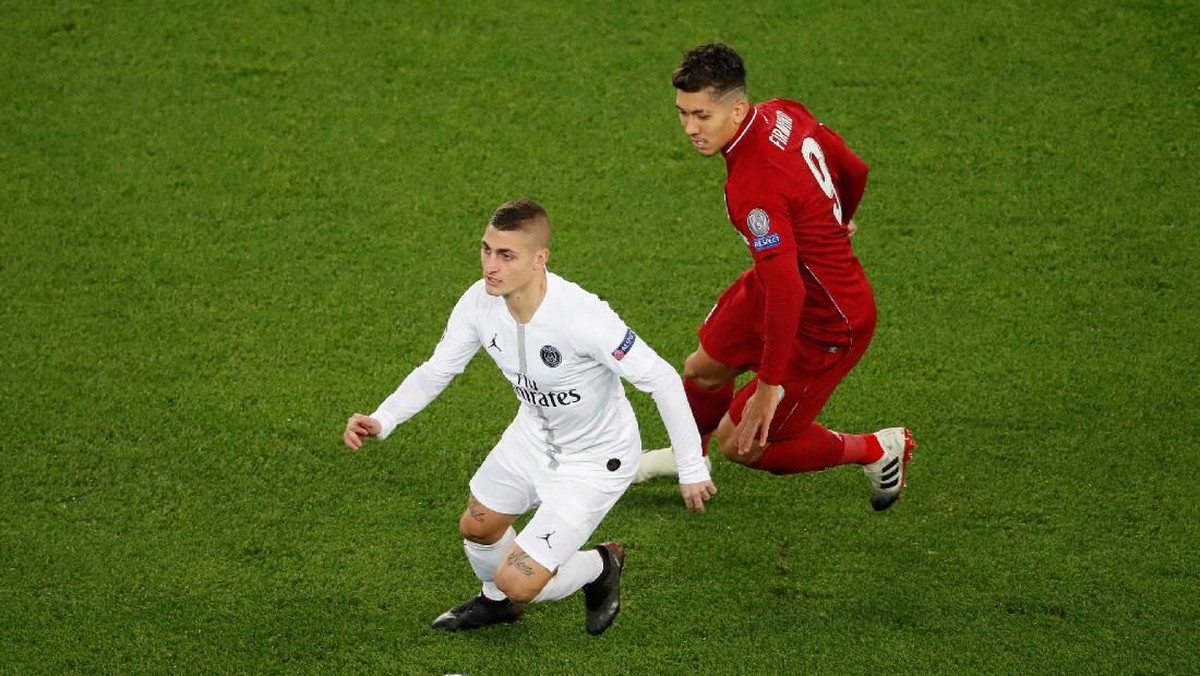Pemain Paris Saint-Germain, Marco Verratti, di laga dengan Liverpool. (Foto: Charles Platiau/Reuters)