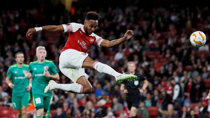 Aubameyang FILE PHOTO: Soccer Football - Europa League - Group Stage - Group E - Arsenal v FC Vorskla Poltava - Emirates Stadium, London, Britain - September 20, 2018 Arsenal's Pierre-Emerick Aubameyang has a shot at goal REUTERS/David Klein/File Photo