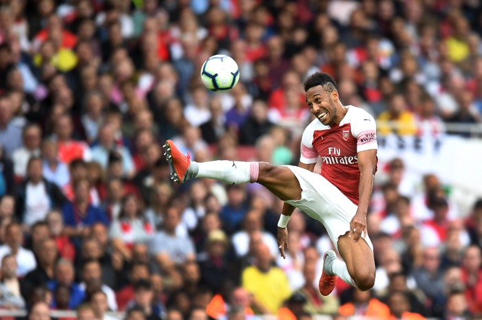 LONDON, ENGLAND - AUGUST 12:  Pierre-Emerick Aubameyang of Arsenal in action during the Premier League match between Arsenal FC and Manchester City at Emirates Stadium on August 12, 2018 in London, United Kingdom.  (Photo by Michael Regan/Getty Images)