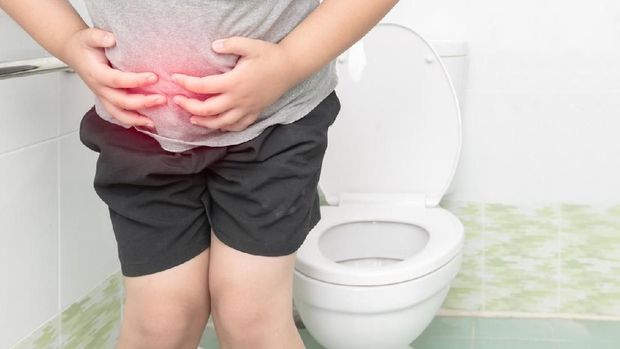 fat boy suffer stomach and sit in toilet, diarrhea constipation and health concept