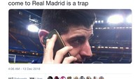 Halo, Hazard. Jangan datang ke Real Madrid. Begitu kata Courtois memperingatkan Eden Hazard agar tak bernasib sama seperti dininya. (Foto: Internet/Twitter)