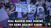 Suporter Real Madrid berharap Jose Mourinho kembal, mereka ungkapkan hal itu lewat spandunk di laga melawan Eibar. Fans Manchester United berharap keinginan fans Madrid cepat terkabul. (Foto: Instagram)