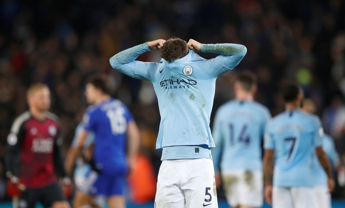 Soccer Football - Premier League - Leicester City v Manchester City - King Power Stadium, Leicester, Britain - December 26, 2018  Manchester Citys John Stones looks dejected at the end of the match   Action Images via Reuters/Carl Recine  EDITORIAL USE ONLY. No use with unauthorized audio, video, data, fixture lists, club/league logos or 