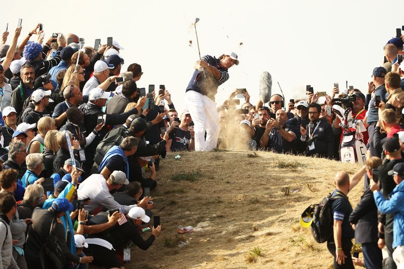 PARIS, FRANCE - SEPTEMBER 28:  Phil Mickelson of the United States plays a shot during the afternoon foursome matches of the 2018 Ryder Cup at Le Golf National on September 28, 2018 in Paris, France.  (Photo by Jamie Squire/Getty Images)