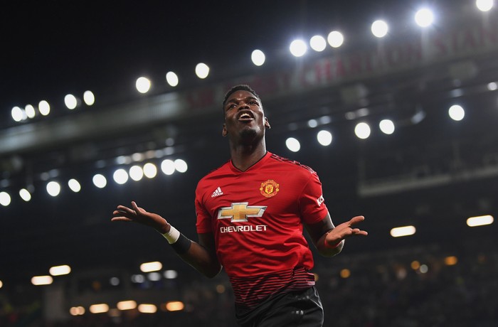 MANCHESTER, ENGLAND - DECEMBER 30:  Paul Pogba of Manchester United celebrates as he scores his teams second goal during the Premier League match between Manchester United and AFC Bournemouth at Old Trafford on December 30, 2018 in Manchester, United Kingdom.  (Photo by Michael Regan/Getty Images)