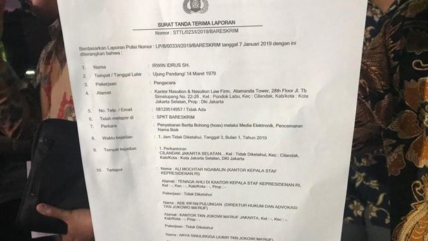 Surat tanda terima laporan Wasekjen Demokrat Andi Arief.