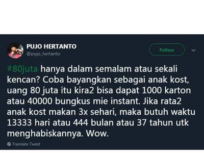 Rp 80 Juta Bisa Makan Mie 41 Tahun dan Mandi Air Kelapa Muda