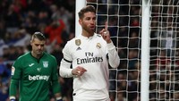 Meski demikian, Madrid kesulitan mencetak gol sepanjang babak pertama karena beberapa kali peluang yang didapat urung membahayakan gawang Leganes. Gol yang ditunggu baru tiba pada menit ke-44 ketika wasit menghadiahi penalti menyusul pelanggaran Gumbau kepada Alvaro Odriozola. REUTERS/Susana Vera.