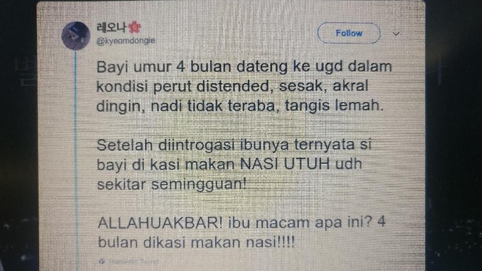 Tweet bayi usia 4 bulan meninggal usai makan nasi. Foto: Repro Twitter/kyeomdongie
