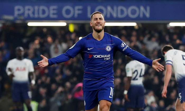 Soccer Football - Carabao Cup - Semi-Final Second Leg - Chelsea v Tottenham Hotspur - Stamford Bridge, London, Britain - January 24, 2019  Chelseas Eden Hazard celebrates scoring their second goal       Action Images via Reuters/Matthew Childs   EDITORIAL USE ONLY. No use with unauthorized audio, video, data, fixture lists, club/league logos or 