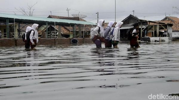 Potret Kegigihan Pelajar di Pekalongan Terobos Hujan dan Banjir