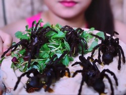 Kriuk-kriuk! Wanita Cantik Ini Lahap Makan Laba-laba Goreng