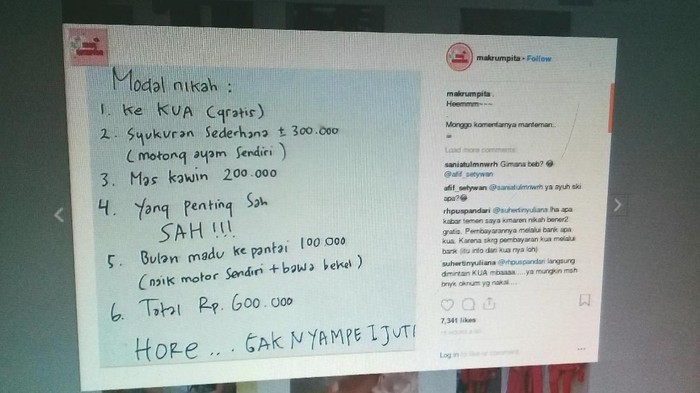 Biaya nikah Rp 600 ribu, realistis atau tidak tergantung masing-masing pribadi. Foto: Repro Instagram @makrumpita