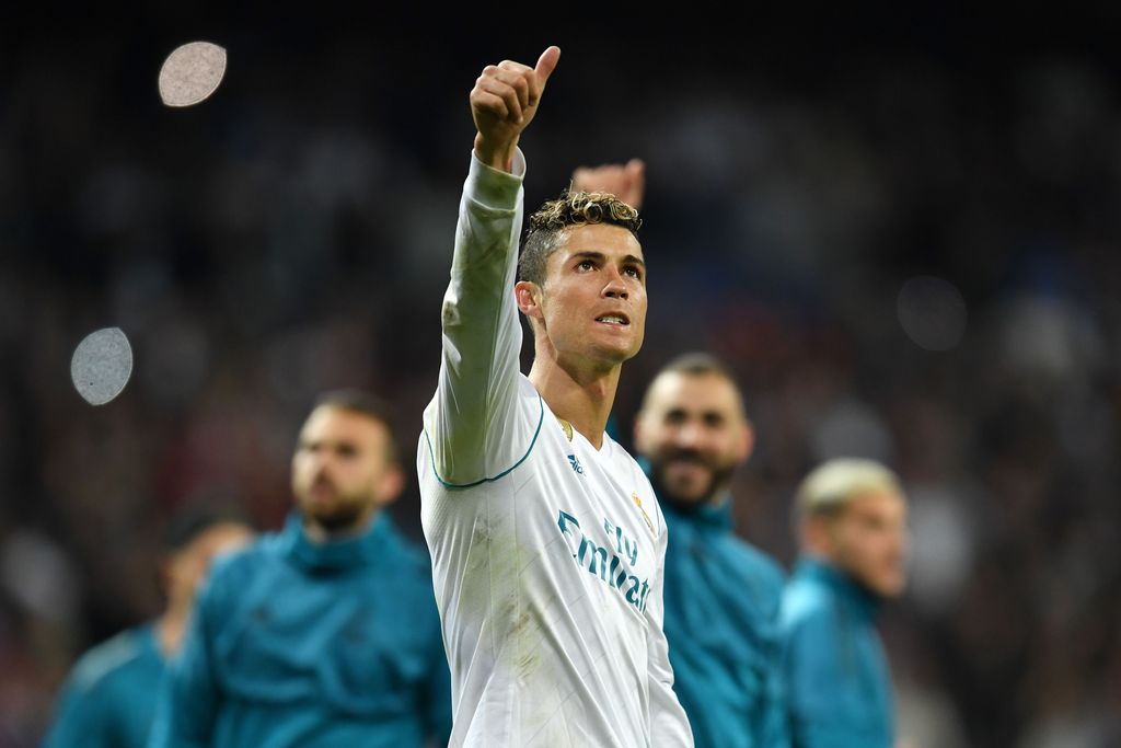 MADRID, SPAIN - MAY 01:  Cristiano Ronaldo of Real Madrid celebrates as they reach the final after the UEFA Champions League Semi Final Second Leg match between Real Madrid and Bayern Muenchen at the Bernabeu on May 1, 2018 in Madrid, Spain.  (Photo by David Ramos/Getty Images)