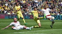 Musim ketiga atau pada 2017/2018, Sala kembali bikin 12 gol di liga dan jadi top skorer untuk tiga musim beruntun. Total 14 gol dibuatnya di 38 laga di seluruh kompetisi. (Foto: Jean-Sebastien EVRARD / AFP)