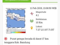 Gempa 4,1 SR Guncang Kabupaten Bandung, Getaran hingga Garut