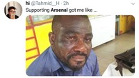 Sebagian fans Arsenal juga pasti sedih melihat tim kesayangannya kalah. Apalagi ada statistik, Arsenal selalu tersingkir apabila kalah di leg pertama kompetisi Eropa yang diikutinya. (Foto: Twitter Tahmid__H)
