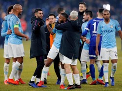 Manchester City membuka peluang besar lolos ke perempatfinal Liga Champions, mereka pun melakukan perayaan. (Foto: Matthew Childs/Action Images via Reuters)