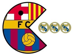Barcelona melumat Madrid bak monster Pac Man memakan biji-biji kecil bergambar Madrid. Ini sebagai balasan sebab di tribun Santiago Bernabeu, sempat ada yang membawa spanduk Pac Man Madrid memakan Barcelona. (Foto: Twitter)