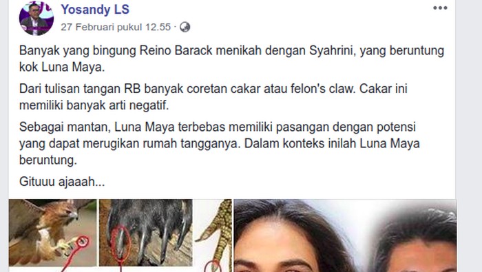 Unggahan seorang grafolog Yosandy LS mengenai tulisan tangan Reino Barack jadi viral. Foto: Facebook/Yosandy LS