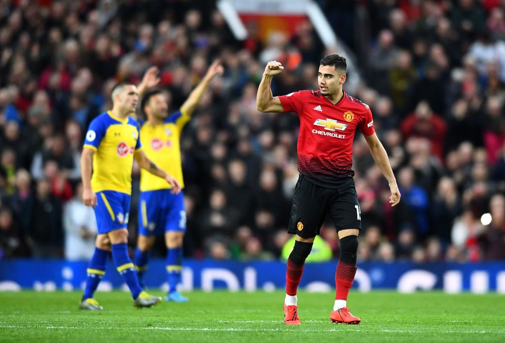 MANCHESTER, ENGLAND - MARCH 02: Andreas Pereira of Manchester United celebrates after scoring his team's first goal during the Premier League match between Manchester United and Southampton FC at Old Trafford on March 02, 2019 in Manchester, United Kingdom. (Photo by Clive Mason/Getty Images)