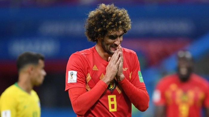 KAZAN, RUSSIA - JULY 06:  Marouane Fellaini of Belgium reacts during the 2018 FIFA World Cup Russia Quarter Final match between Brazil and Belgium at Kazan Arena on July 6, 2018 in Kazan, Russia.  (Photo by Laurence Griffiths/Getty Images)