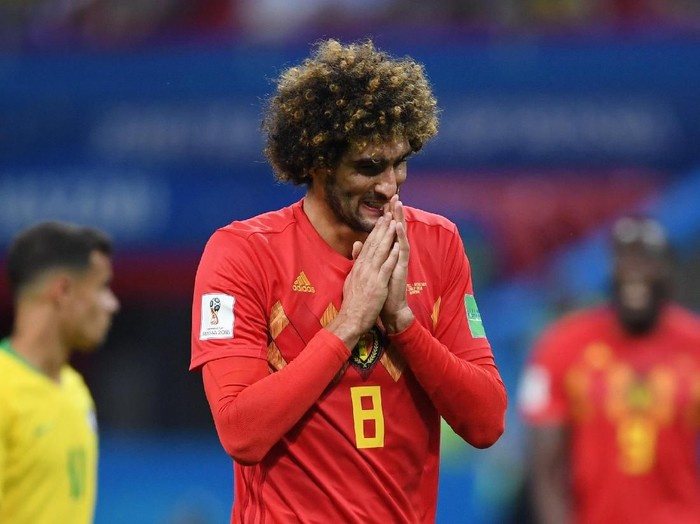 KAZAN, RUSSIA - JULY 06:  Marouane Fellaini of Belgium reacts during the 2018 FIFA World Cup Russia Quarter Final match between Brazil and Belgium at Kazan Arena on July 6, 2018 in Kazan, Russia.  (Photo by Laurence Griffiths/Getty Images)