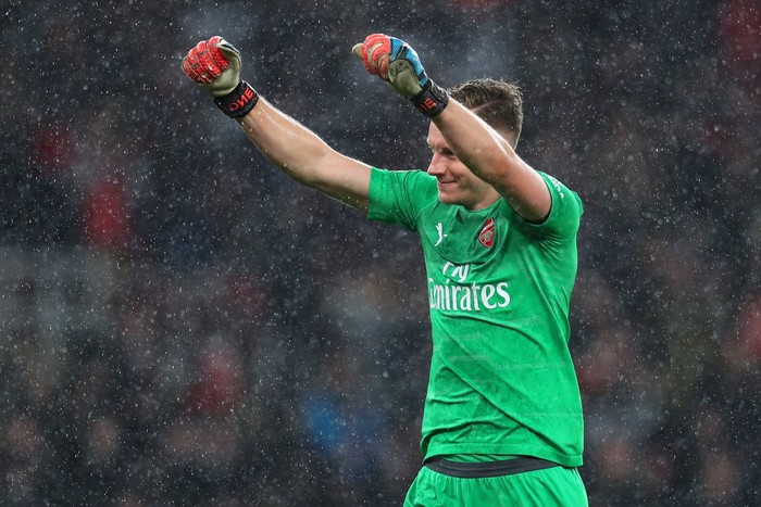 LONDON, ENGLAND - MARCH 10: Bernd Leno of Arsenal celebrates at full time of the Premier League match between Arsenal FC and Manchester United at Emirates Stadium on March 10, 2019 in London, United Kingdom. (Photo by Catherine Ivill/Getty Images)