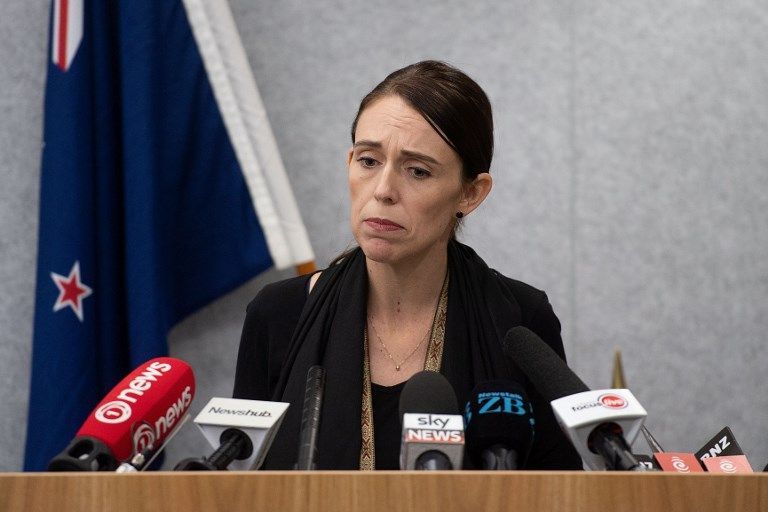 New Zealand Prime Minister Jacinda Ardern speaks to the media during a press conference at the Justice Precinct in Christchurch on March 16, 2019. - A right-wing extremist who filmed himself rampaging through two mosques in the quiet New Zealand city of Christchurch killing 49 worshippers appeared in court on a murder charge on March 16, 2019. (Photo by Marty MELVILLE / OFFICE OF PRIME MINITER NEW ZEALAND / AFP)