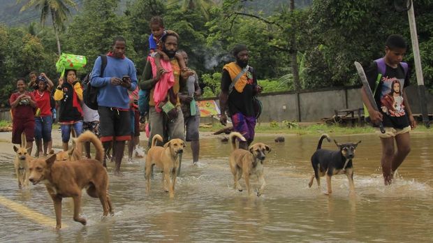 Warga mengungsi akibat banjir bandang di Sentani Jayapura, Papua, Senin (18/3)