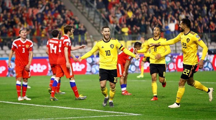 Eden Hazard mencetak dua gol untuk membantu Belgia menang 3-1 atas Rusia dalam Kualifikasi Piala Eropa 2020 (Foto: Francois Lenoir/REUTERS)