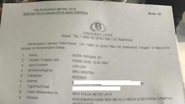 Surat Indra Tarigan laporkan Nikita Mirzani