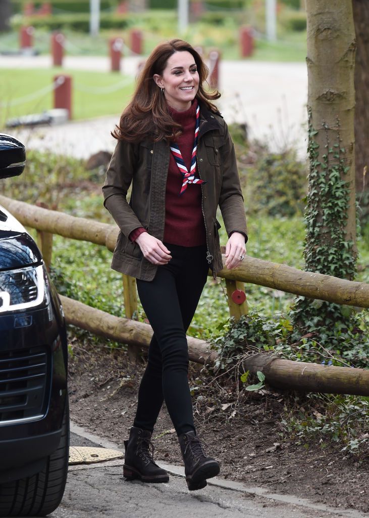EPPING, ENGLAND - MARCH 28: Catherine, Duchess of Cambridge visits the Scoutsâ€™ headquarters at Gilwell Park to learn more about the organisationâ€™s new pilot to bring Scouting to younger children, on March 28, 2019 in Epping, England. The visit to Gilwell Park will also celebrate the sites 100th anniversary year. (Photo by Eddie Mulholland - WPA Pool/Getty Images)