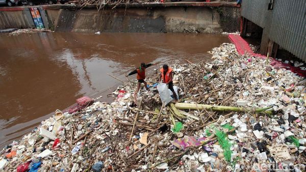 Aksi Petugas Bersihkan Sampah di Pintu Air Manggarai