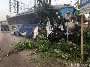 Bus Sugeng Rahayu Ngebut Lalu Tabrak Pohon di Madiun, 3 Orang Terluka Bus Sugeng Rahayu Ngebut Lalu Tabrak Pohon di Madiun, 3 Orang Terluka