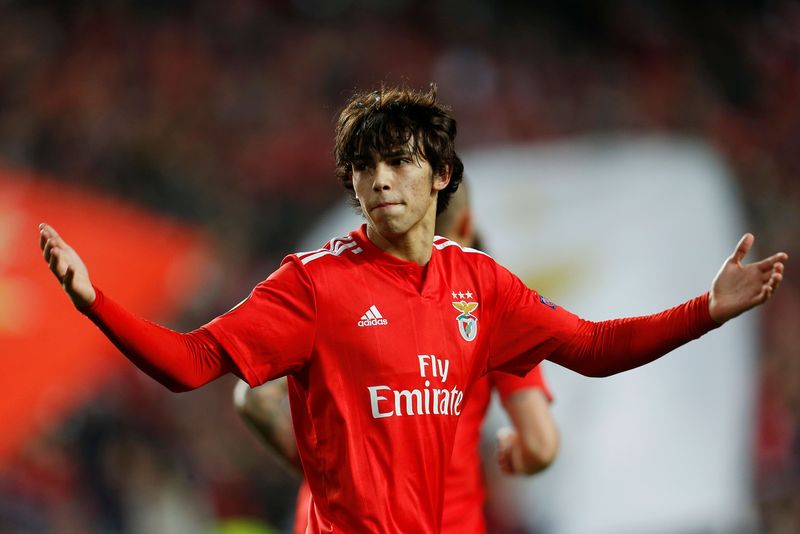 Soccer Football - Europa League Quarter Final First Leg - Benfica v Eintracht Frankfurt - Estadio da Luz, Lisbon, Portugal - April 11, 2019  Benfica's Joao Felix celebrates scoring their first goal   REUTERS/Pedro Nunes