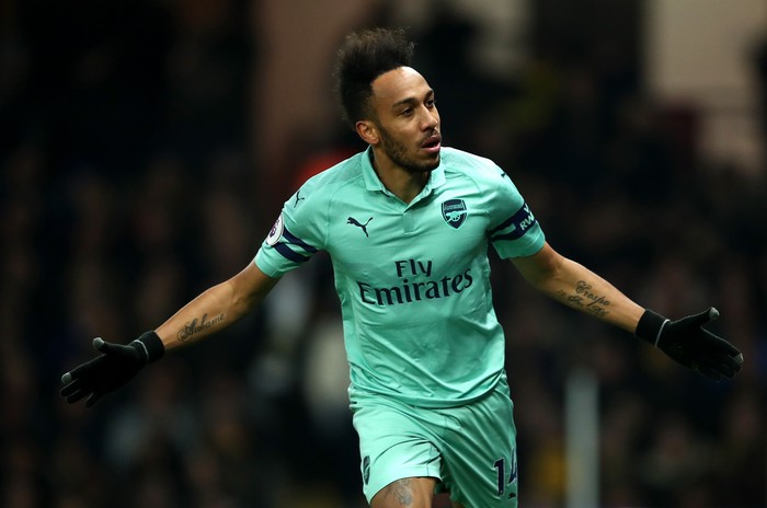 WATFORD, ENGLAND - APRIL 15:  Pierre-Emerick Aubameyang of Arsenal celebrates scoring his sides first goal during the Premier League match between Watford FC and Arsenal FC at Vicarage Road on April 15, 2019 in Watford, United Kingdom. (Photo by Marc Atkins/Getty Images)